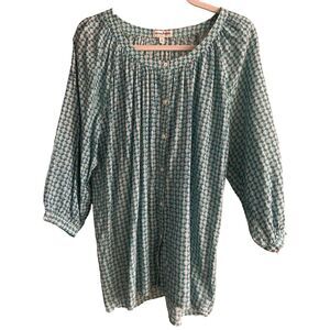 Crème Fraiche Button Geometric Floral Print Button Front Blouse Top Blue M bv